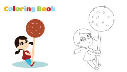 Coloring page. Happy cute girl holding a huge candy pop on a stick in her hands. The child is dressed in a tunic and has ponytails on his head. Vector cartoon illustration.