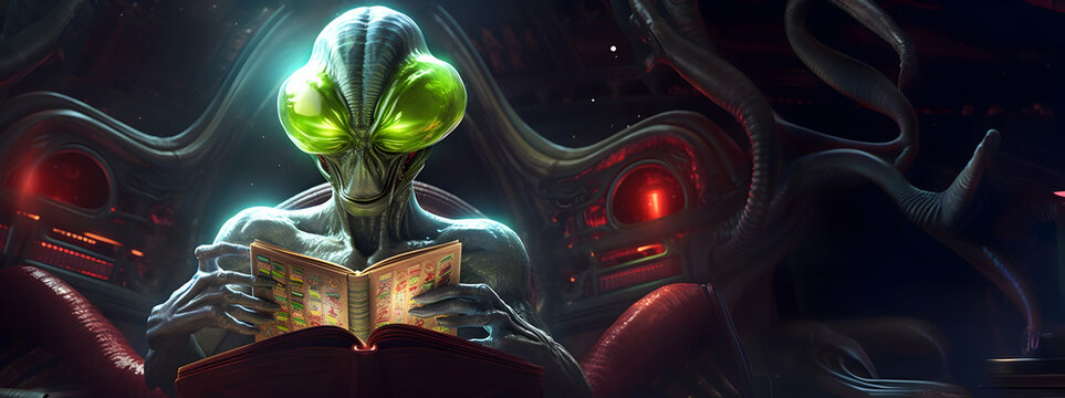 An extraterrestrial being, alien, reading a book inside a futuristic spaceship, science fiction day concept