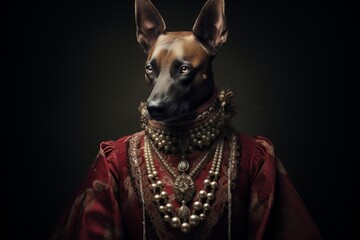 A Fashionable Canine: A Dog in a Red Dress and Stylish Necklace