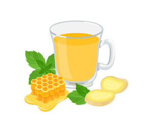 Ginger tea with honey and mint in glass cup. Vector cartoon flat illustration of healthy drink.