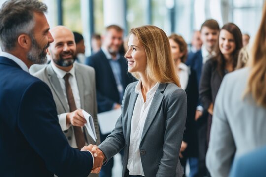 A Professional Agreement Formed: Two Individuals Shaking Hands Amidst an Observing Audience