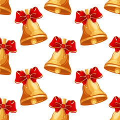 Seamless pattern, colorful christmas golden bells with red bow. Print, background, textile, vector