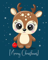 Christmas cartoon deer on a blue background of snowflakes. Christmas card, print, vector