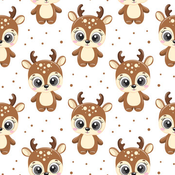 Seamless pattern, cute cartoon Christmas reindeer on a white background with snowflakes. Print, textile, vector