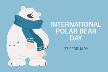 International polar bear day, banner. Cute polar bear and text. Greeting card, poster, vector