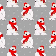 Seamless pattern, cute cartoon polar bear in a scarf and hat on a background of snowflakes. Print, textile, vector