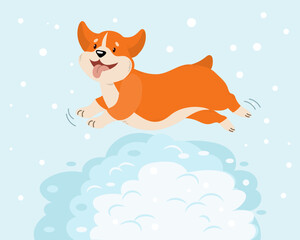 Cute cheerful dog Corgi jumps in the snow. Winter illustration, kids print, vector
