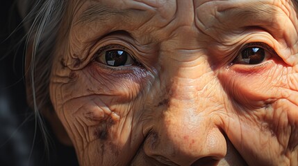 An asian old woman looking at the viewer