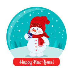 Cute snowman in a snowy forest in a Christmas glass ball and a congratulatory text. Postcard, vector
