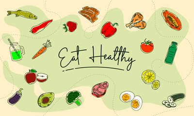 background with healthy food fruits and vegetables, vector illustration