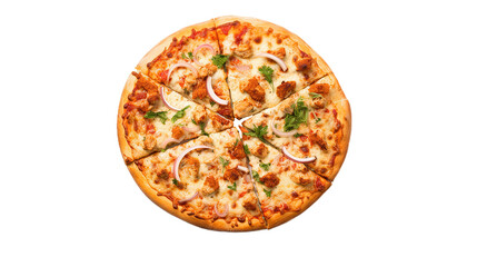 Top view chicken pizza. Isolated on Transparent background.