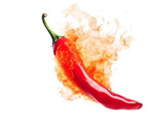A single red chili pepper in fierce flames against a white background, symbolizing extreme heat