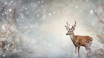  a painting of a deer standing in the snow with trees and snow flakes on the ground in the background.