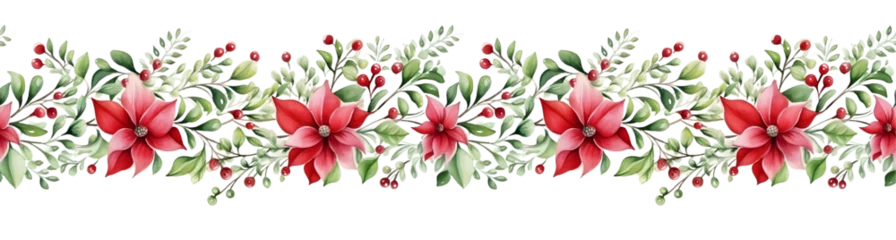Foto op Plexiglas Seamless border with red poinsettias and berries, perfect for holiday designs. © mashimara