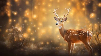  a deer standing in the middle of a forest with lights in the background and a string of lights hanging from the ceiling.