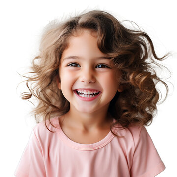 professional studio photo of a cute little girl with perfectly clean teeth, laughing and smiling, Isolated Photo, for advertising and web design, PNG