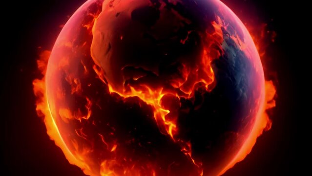 burning earth in fire. Video of the earth on fire for illustrating global warming concepts.