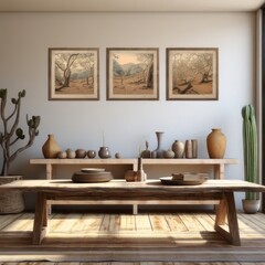 Wall with pictures and rustic style central table