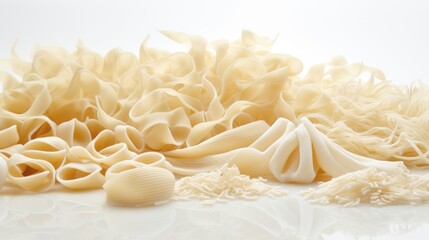 a pile of uncooked pasta sitting on top of a table next to a pile of uncooked noodles.