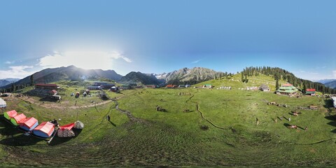 An aerial 360 degree panorama of Jaaz Banda meadows, a popular tourist destination of summer season...