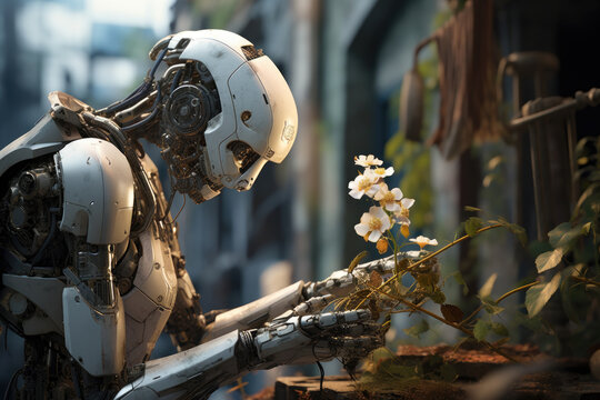 Bloom and Gears, A Serene Robotic Harmony, Generative AI