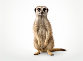 Fototapeta premium A meerkat standing on its hind legs, looking at the camera against a white background.