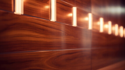 Closeup of the glossy mahogany paneling along the walls, expertly polished to reflect the warm lighting and create a cozy atmosphere. - obrazy, fototapety, plakaty