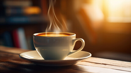 Obraz premium Closeup of a cup of steaming hot tea, sitting on a coaster on a small table in the library car, inviting the viewer to sip and enjoy their read.