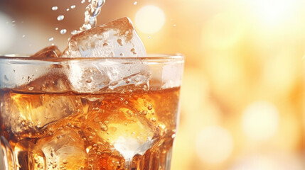 Closeup of a refreshing drink being poured over ice cubes, causing them to clink and sparkle in the summer breeze.