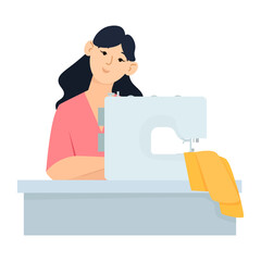 Nice young woman sitting at the table with a sewing machine