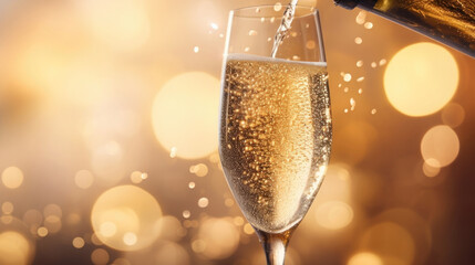 Closeup of a champagne flute being filled to the brim with sparkling wine, overflowing with effervescence and joy.