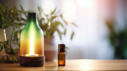 Closeup of a sleek and modern aromatherapy diffuser spreading the soothing aroma of eucalyptus essential oil.