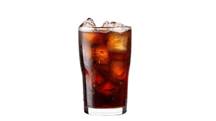 Cola with ice cubes in glass. Isolated on Transparent background.