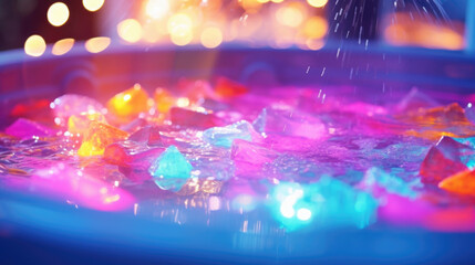 Closeup of colorful LED lights illuminating the water in the hydrotherapy tub, adding a touch of ambiance to the calming experience.