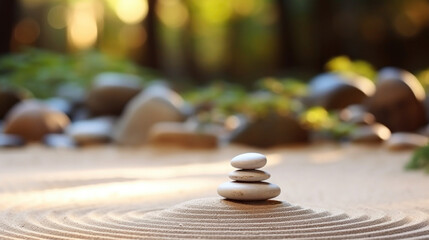 Closeup of a serene Zen garden, with smooth rocks and carefully raked sand, offering a tranquil escape from the outside world.