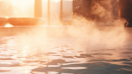 Closeup of steam rising from the warm and inviting water in the hydrotherapy tub, creating a sense of warmth and comfort.