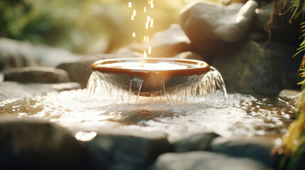 Closeup of a serene waterfall cascading into a basin, providing a tranquil backdrop for the tea ceremony.