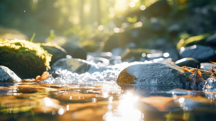 Closeup of a small stream of water cascading down a single, smooth rock, showcasing the gentle and peaceful nature of the scene. - obrazy, fototapety, plakaty
