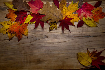 Flat lay of colorful autumn leaves on wooden background with copy space