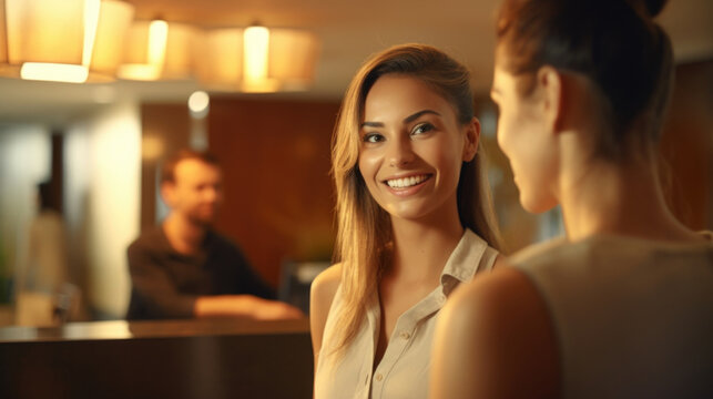 Closeup of a friendly receptionist warmly welcoming a guest with a smile, emphasizing the personalized and attentive service provided by the spa.