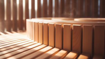 Closeup of the intricate wooden slat flooring that lines the interior of the ofuro tub, highlighting the attention to detail and craftsmanship of its design.