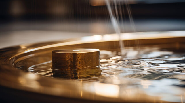 Closeup of the simple, round brass fixtures that adorn the ofuro tub, adding a touch of elegance to its overall appearance.