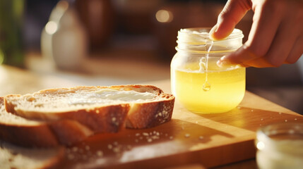 Closeup of a hand reaching for a slice of crusty bread on a wooden breadboard, accompanied by a jar of savory dip.