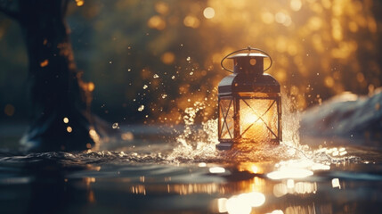 Closeup of a lantern gently swaying in the water currents, creating a mesmerizing dance of light on the surface.