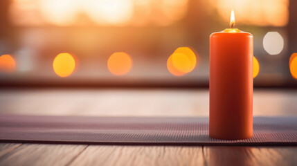 Closeup of a lit candle casting a warm, orange light on a yoga mat, ready for a peaceful session on the beach. - Powered by Adobe