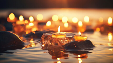 Closeup of melting wax from candles dripping onto smooth rocks near the waters edge.
