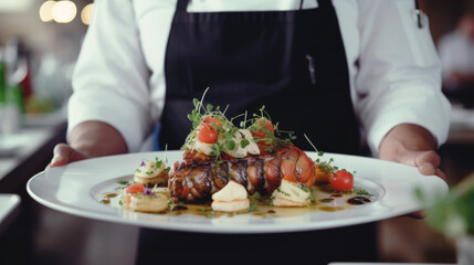 Obraz na płótnie Canvas Closeup of a succulent lobster dish being served by a waiter in a crisp white uniform.