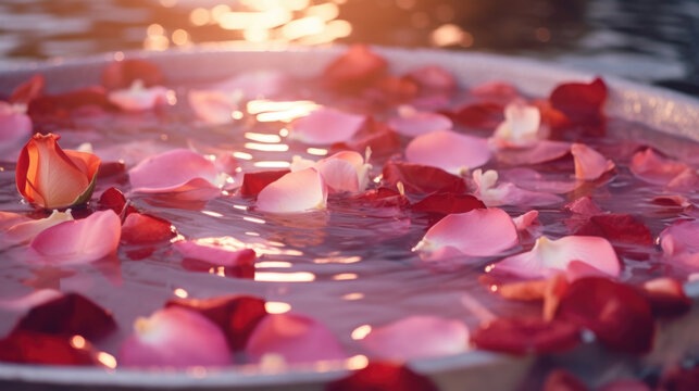 Closeup of a bunch of rose petals floating atop the water, adding a romantic touch to the bath experience