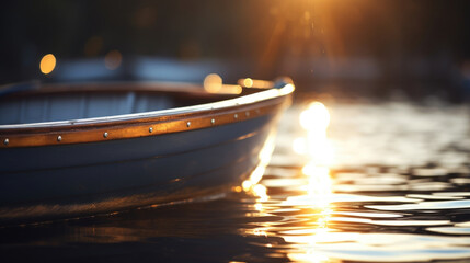 Closeup of a single rowboat tied to a mooring, its wooden hull reflecting the moonlight in a...