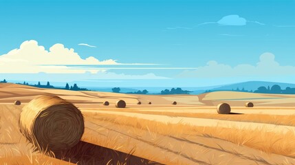  a hay field with bales of hay in the foreground and a blue sky with clouds in the background. - obrazy, fototapety, plakaty